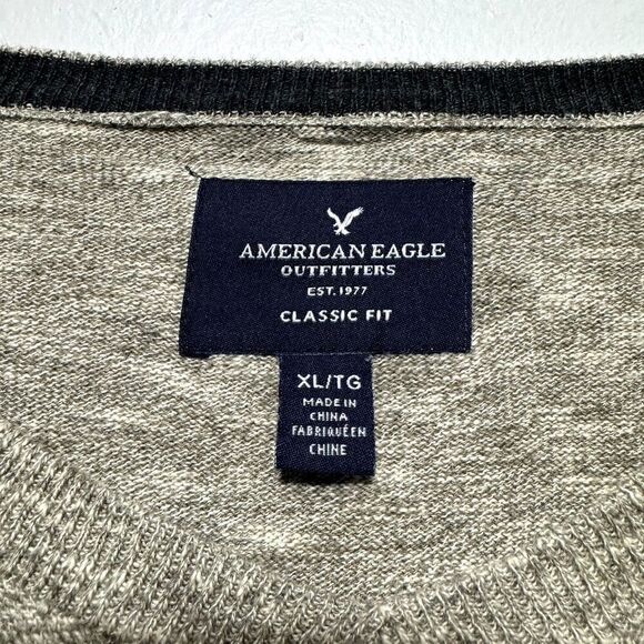 American Eagle Sweater Cotton Tight Knit Long Sleeve V-Neck Beige Mens size XL - Picture 5 of 7